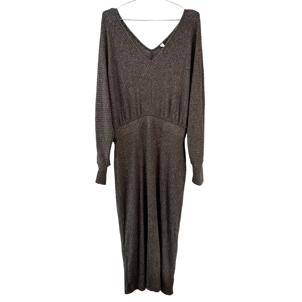 Long Sleeve V-Neck Metallic Knit Maxi Dress - Brown